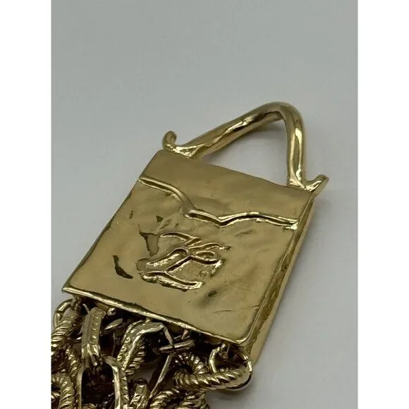 Vintage Karl Lagerfeld Gold Tone Multi Strand Chain Purse Shaped Clasp Necklace